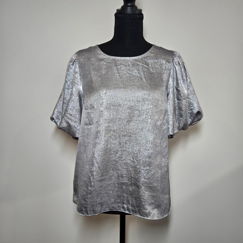 Ann Taylor Blouse Womens XS Silver Excellent Metallic Puff Sleeve Party Top